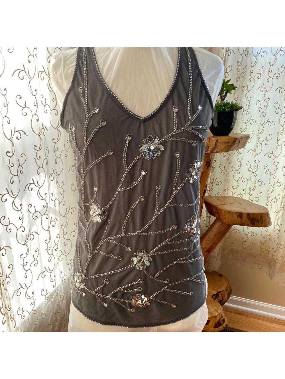 WD.NY  Gray Beaded Sequin Embellished Sleeveless Top Size S